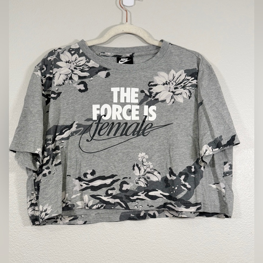 Nike Shirt Cropped Top Short Sleeve Tee Gray Floral The Force Is Female Women L